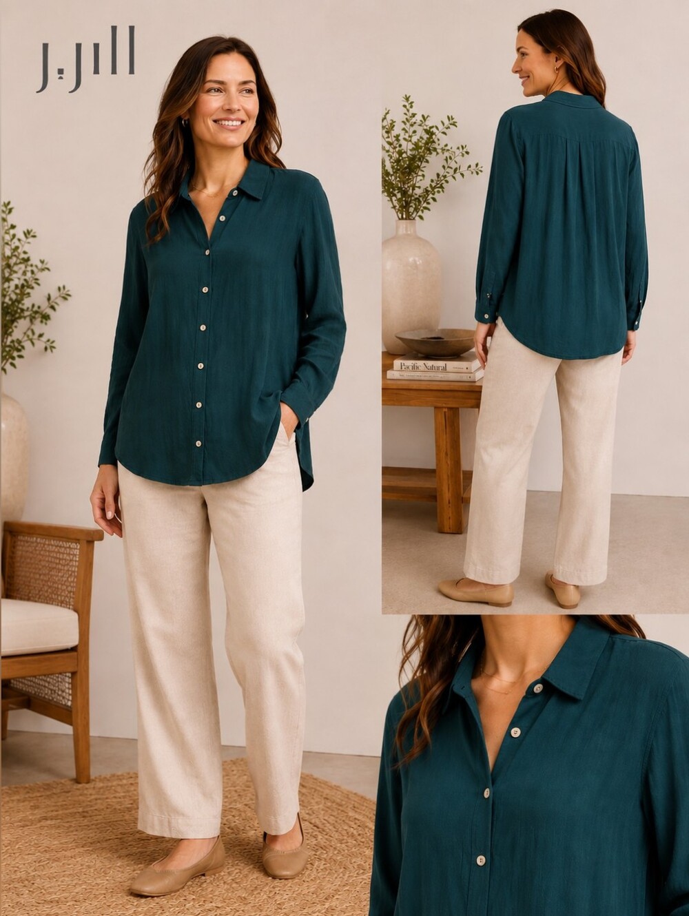 J.Jill Blouse Medium Teal Button Front Long Sleeve Relaxed Shirt Top Size Medium